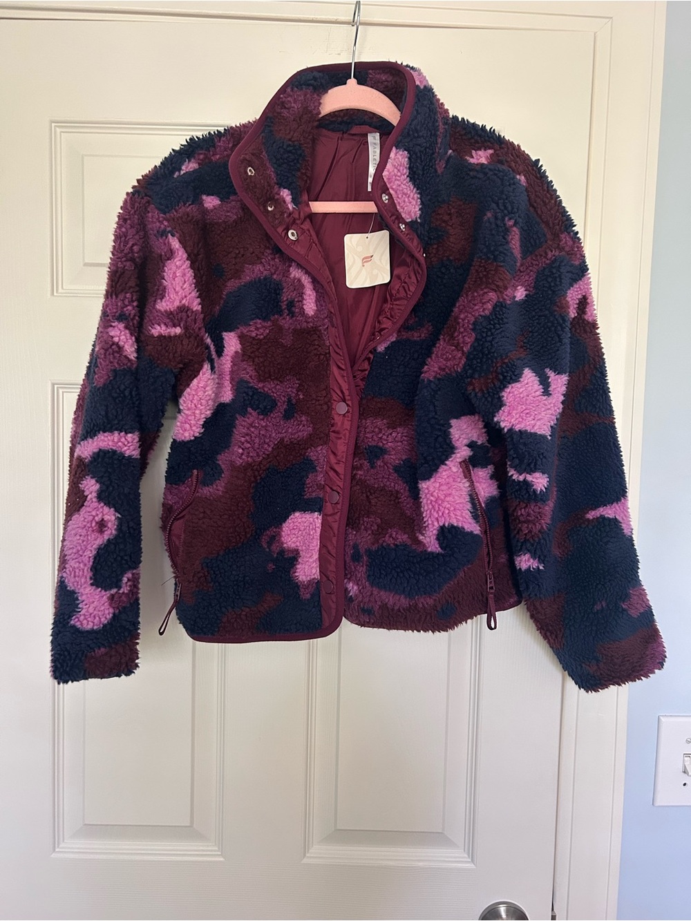 Fabletics Oversized Plush Fleece Jacket in Pink & Navy Camo